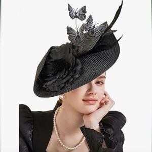 Elegant Black Fascinator Hat with Floral and Butterfly Accents